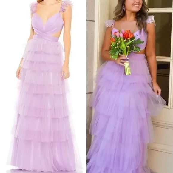 NWT Mac Duggal Maxi Dress 50670 Lavender Lilac Ruffle Tiered Tulle Cutout sz 12 - Picture 2 of 8